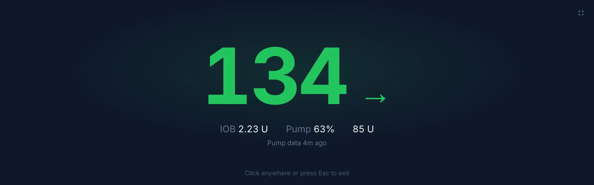 Glance mode: a large 134 with a steady arrow, IOB 2.23 U, pump battery 63%, 85 U remaining, pump data 4 minutes ago
