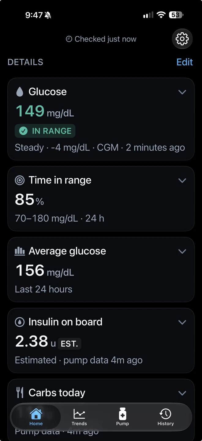PumpDash detail cards on iPhone: glucose 149 mg/dL in range, time in range 85%, average glucose 156 mg/dL and insulin on board 2.38 u estimated
