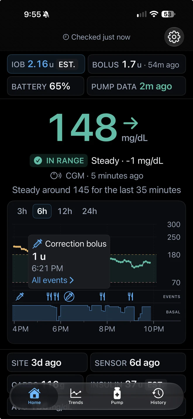 PumpDash on iPhone with a correction bolus marker tapped on the 6-hour chart: 1 u at 6:21 PM, with a link to all events