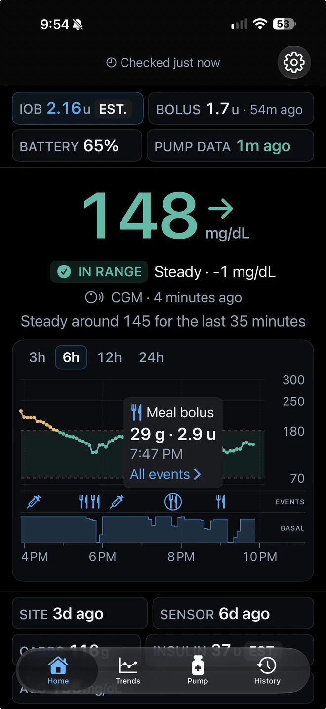 PumpDash on iPhone with a meal bolus marker tapped on the 6-hour chart: 29 g and 2.9 u at 7:47 PM, with a link to all events
