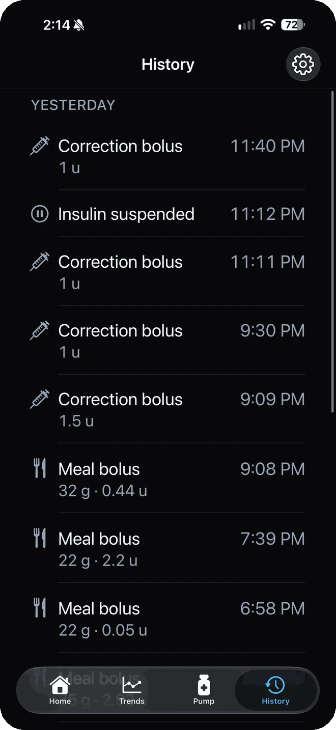 PumpDash history screen listing correction boluses, a suspend and meal boluses with carbs