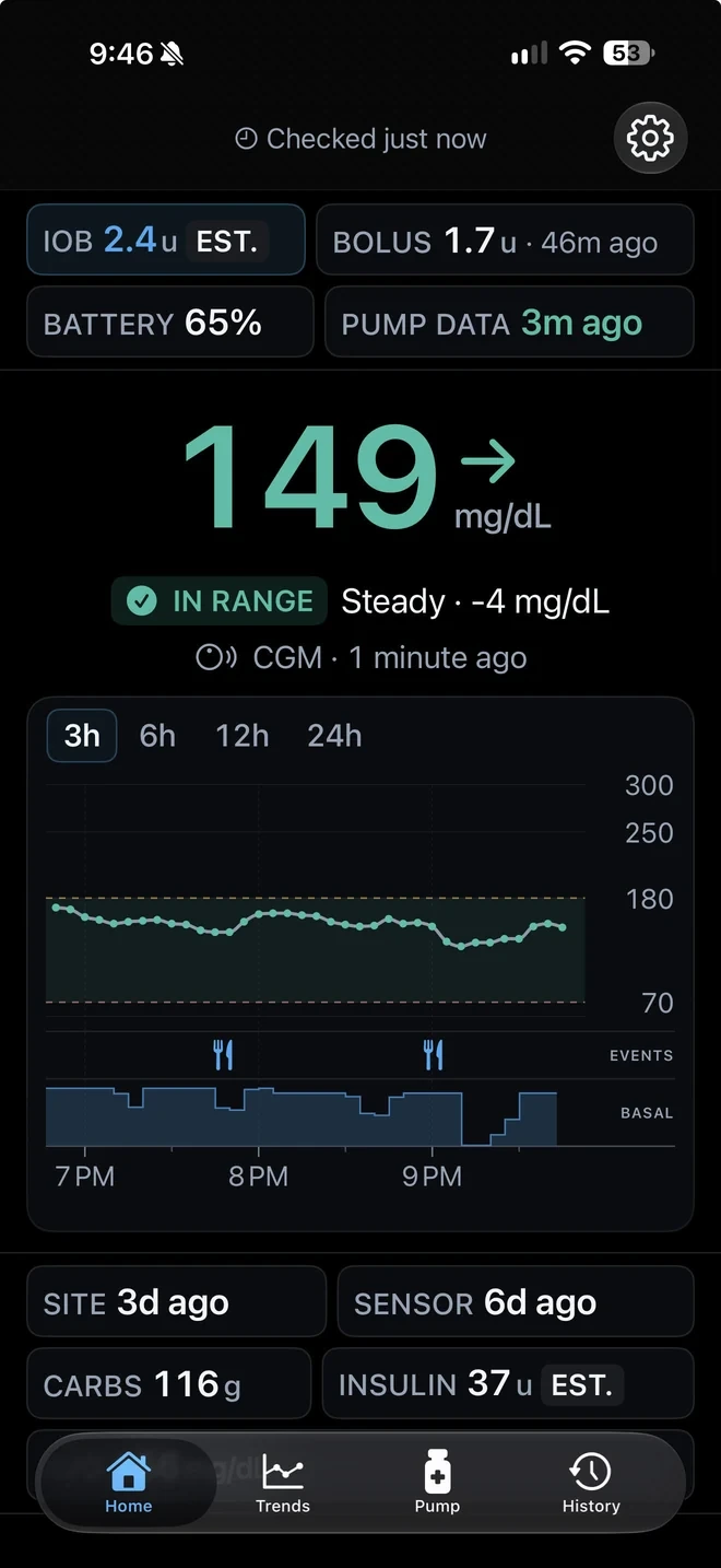 PumpDash Home on iPhone: glucose 149 mg/dL in range and steady, overview pills, and a 3-hour chart with meals and basal