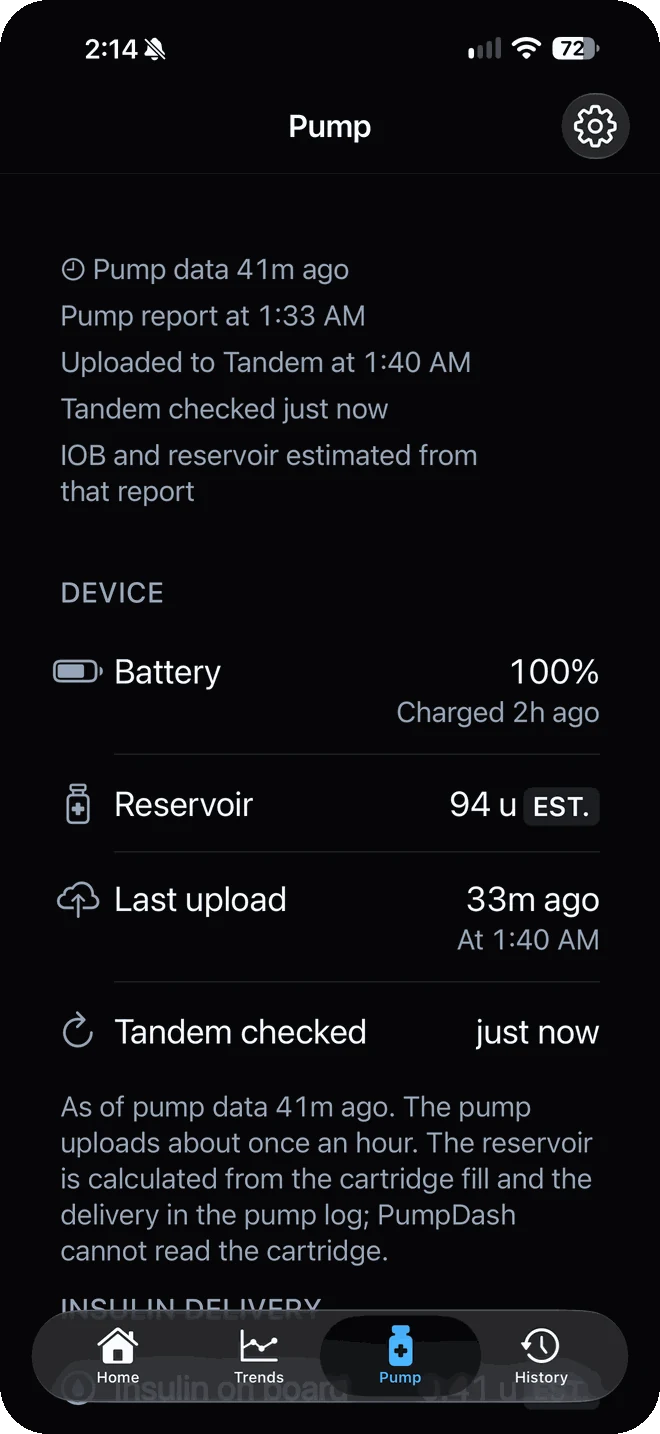 PumpDash pump screen listing pump data age, upload time, battery, reservoir and last upload