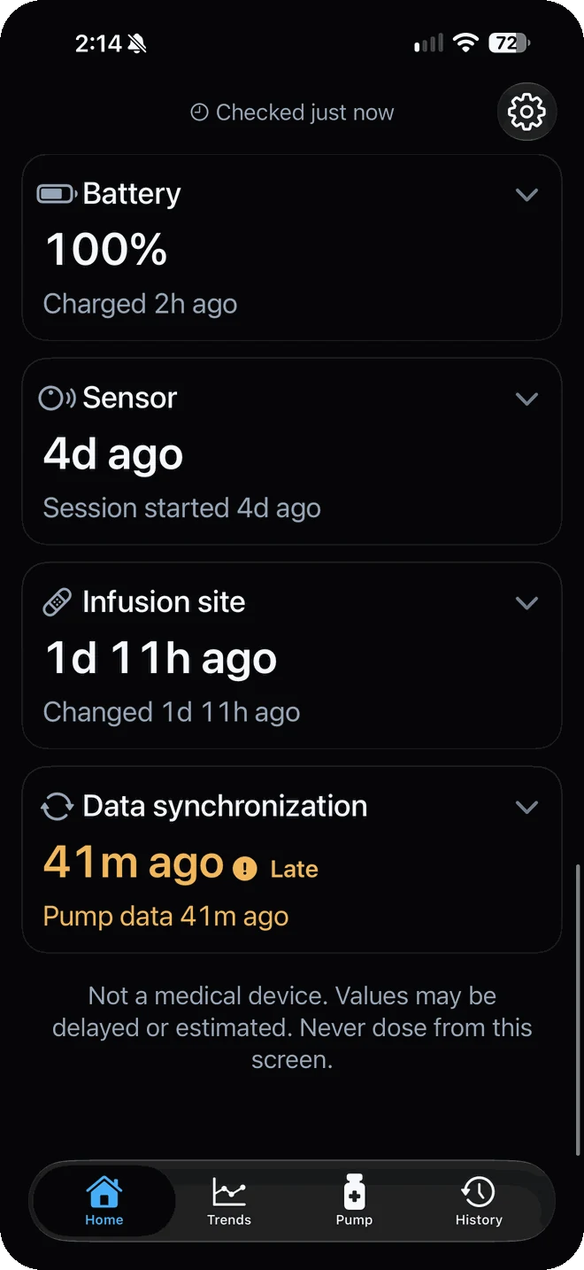 PumpDash detail cards with the data synchronization card in amber reading 41m ago, Late