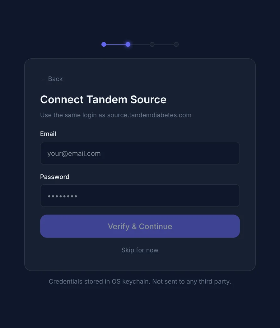 PumpDash setup wizard: Connect Tandem Source, with email and password fields and a note to use the same login as source.tandemdiabetes.com