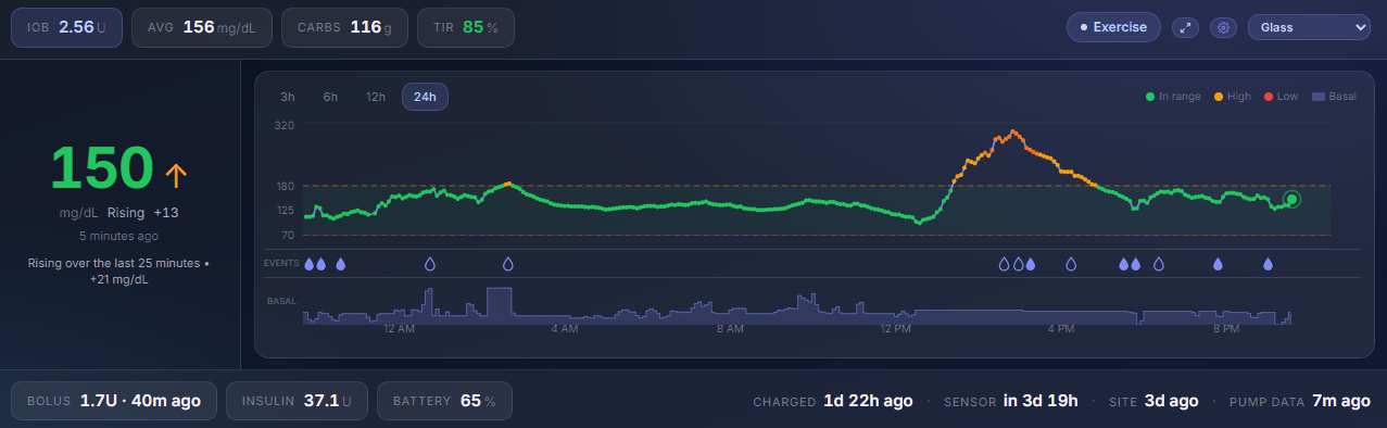 PumpDash desktop dashboard in the Glass theme